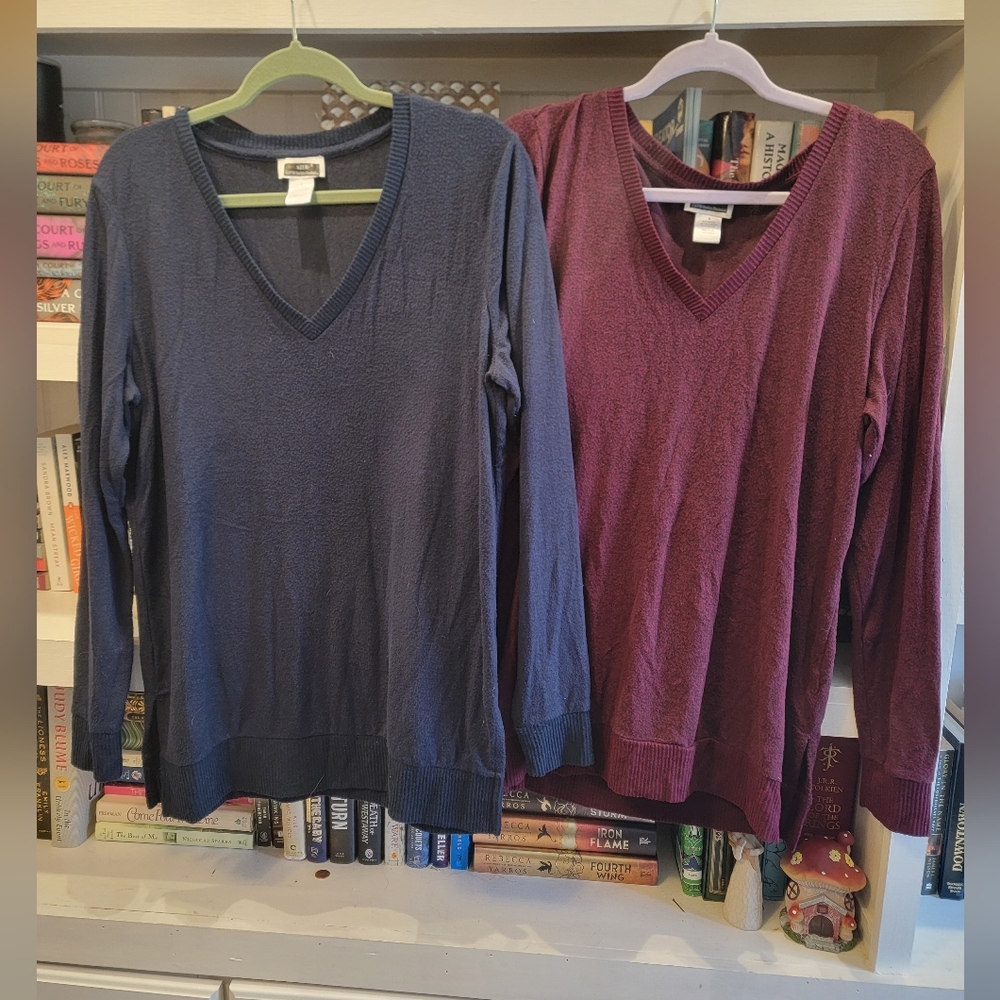 2 Classic V-Neck Sweaters - Navy and Burgundy